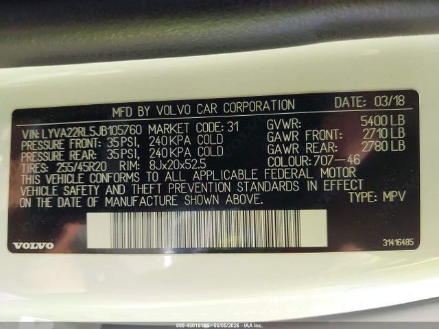 45016166 :رقم المزاد ، LYVA22RL5JB105760 vin ، 2018 Volvo Xc60 T6 Inscription مزاد بيع