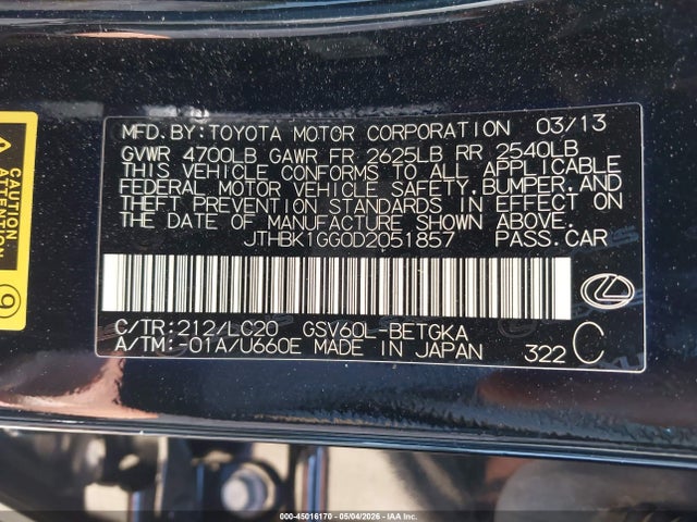 45016170 :رقم المزاد ، JTHBK1GG0D2051857 vin ، 2013 Lexus Es 350 مزاد بيع