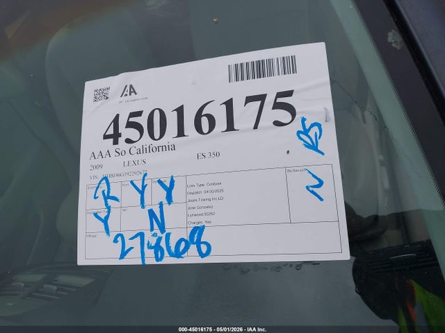 Продажа на аукционе авто 2009 Lexus Es 350, vin: JTHBJ46G192292677, номер лота: 45016175