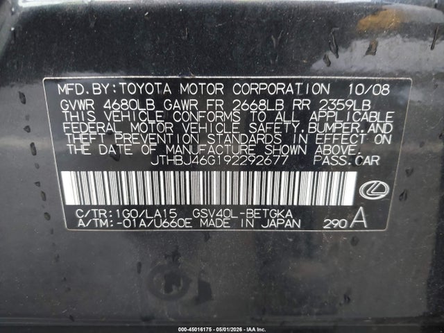 Продажа на аукционе авто 2009 Lexus Es 350, vin: JTHBJ46G192292677, номер лота: 45016175