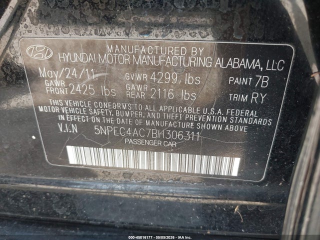 Aukcja sprzedaży 2011 Hyundai Sonata Se, vin: 5NPEC4AC7BH306311, numer aukcji: 45016177