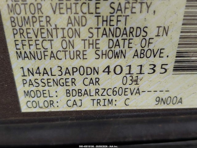 Aukcja sprzedaży 2013 Nissan Altima 2.5 S, vin: 1N4AL3AP0DN401135, numer aukcji: 45016186