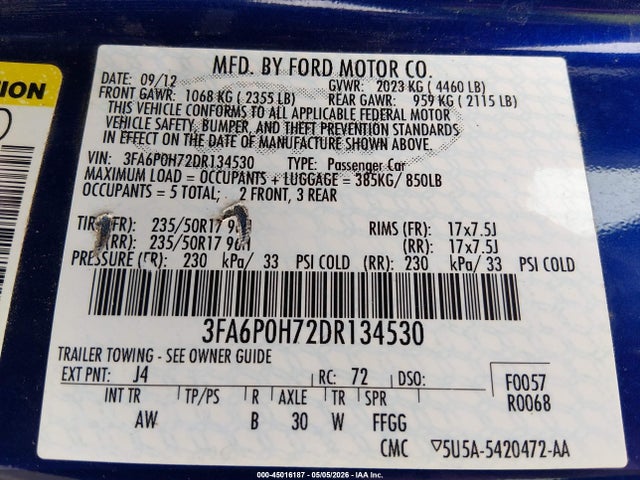 Aukcja sprzedaży 2013 Ford Fusion Se, vin: 3FA6P0H72DR134530, numer aukcji: 45016187