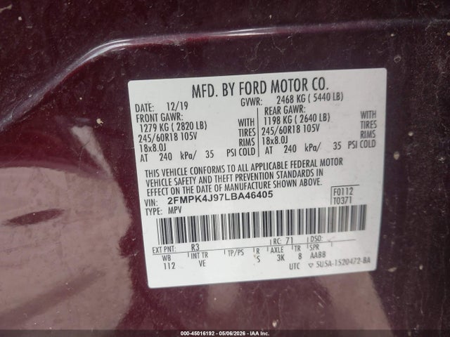Aukcja sprzedaży 2020 Ford Edge Sel, vin: 2FMPK4J97LBA46405, numer aukcji: 45016192