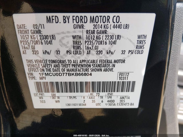 2011 Ford Escape Xlt მანქანა იყიდება აუქციონზე, vin: 1FMCU0D77BKB66804, აუქციონის ნომერი: 45016193