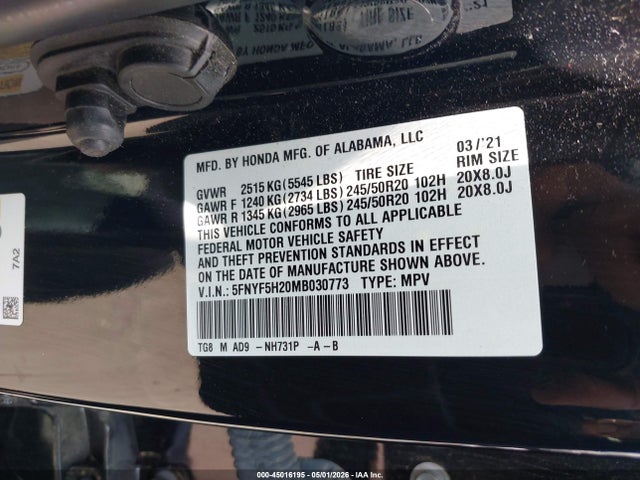 2021 Honda Pilot 2wd Special Edition მანქანა იყიდება აუქციონზე, vin: 5FNYF5H20MB030773, აუქციონის ნომერი: 45016195