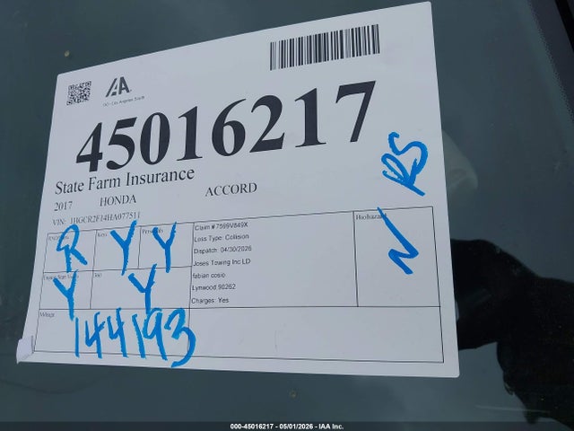 Продаж на аукціоні авто 2017 Honda Accord Sport Se, vin: 1HGCR2F14HA077511, номер лоту: 45016217
