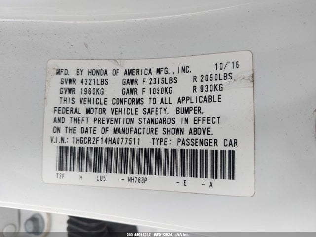 Продаж на аукціоні авто 2017 Honda Accord Sport Se, vin: 1HGCR2F14HA077511, номер лоту: 45016217