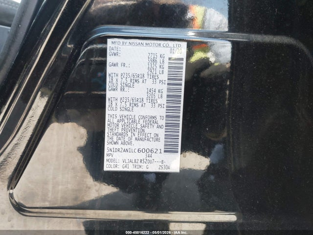 Auction sale of the 2020 Nissan Pathfinder S 2wd, vin: 5N1DR2AN1LC600621, lot number: 45016222