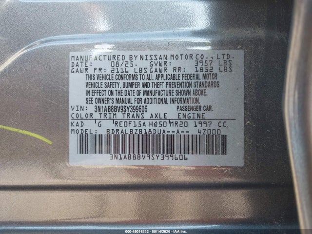 Aukcja sprzedaży 2025 Nissan Sentra S, vin: 3N1AB8BV9SY399606, numer aukcji: 45016232