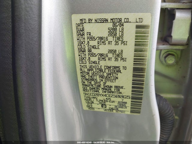 Aukcja sprzedaży 2004 Nissan Xterra Xe, vin: 5N1ED28YX4C650065, numer aukcji: 45016249