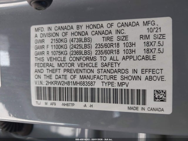 2HKRW2H81MH683587 Honda Cr-v Awd Ex-l