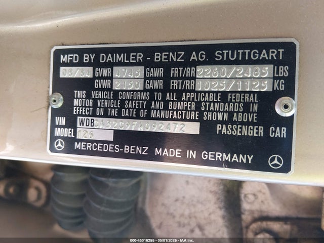 1985 Mercedes-benz 380 Se მანქანა იყიდება აუქციონზე, vin: WDBCA32C9FA092472, აუქციონის ნომერი: 45016255