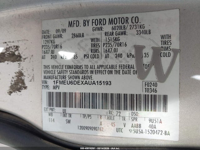 45016261 :رقم المزاد ، 1FMEU6DEXAUA15193 vin ، 2010 Ford Explorer Xlt مزاد بيع