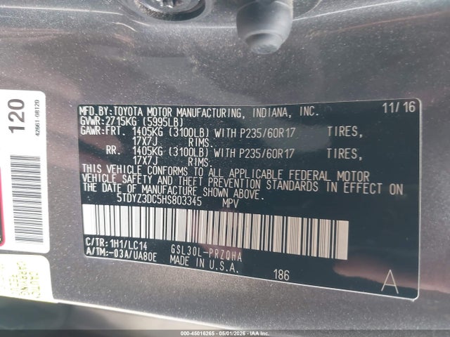 5TDYZ3DC5HS803345 Toyota Sienna Xle Premium 8 Passenger