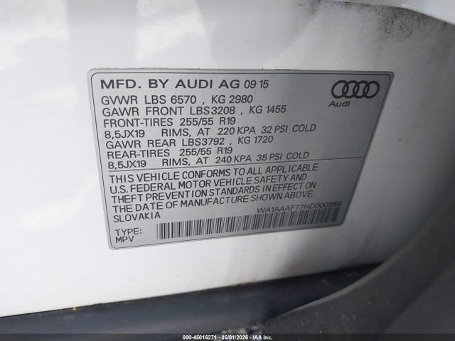 2017 Audi Q7 3.0t Premium მანქანა იყიდება აუქციონზე, vin: WA1AAAF77HD000359, აუქციონის ნომერი: 45016271