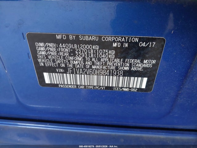 2017 Subaru Wrx Sti მანქანა იყიდება აუქციონზე, vin: JF1VA2V60H9841938, აუქციონის ნომერი: 45016279