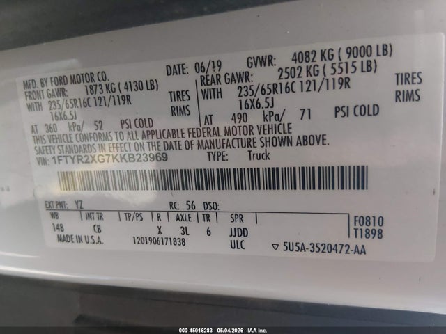 2019 Ford Transit-250 მანქანა იყიდება აუქციონზე, vin: 1FTYR2XG7KKB23969, აუქციონის ნომერი: 45016283