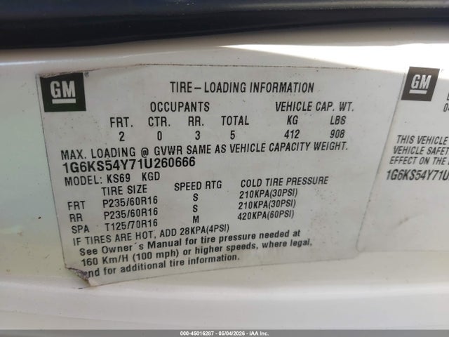 45016287 :رقم المزاد ، 1G6KS54Y71U260666 vin ، 2001 Cadillac Seville Sls W/tx7 مزاد بيع