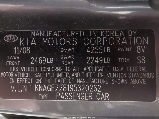 Aukcja sprzedaży 2009 Kia Optima Ex, vin: KNAGE228195320262, numer aukcji: 45016291