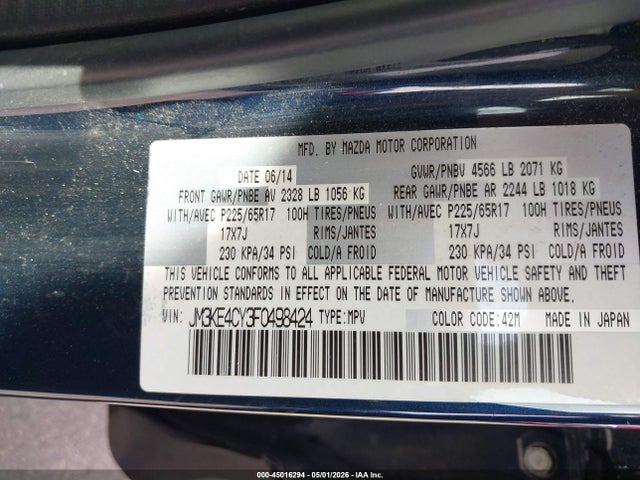 Продаж на аукціоні авто 2015 Mazda Cx-5 Touring, vin: JM3KE4CY3F0498424, номер лоту: 45016294