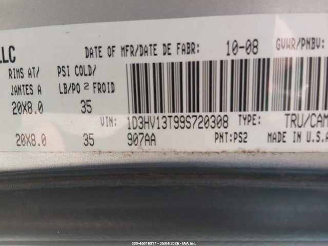 45016317 :رقم المزاد ، 1D3HV13T99S720308 vin ، 2009 Dodge Ram 1500 Slt/sport مزاد بيع