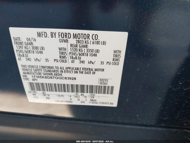 2016 Ford Explorer Xlt მანქანა იყიდება აუქციონზე, vin: 1FM5K8D87GGC83928, აუქციონის ნომერი: 45016330