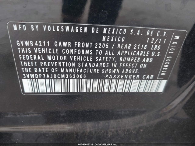 2012 Volkswagen Jetta 2.5l Se მანქანა იყიდება აუქციონზე, vin: 3VWDP7AJ0CM363006, აუქციონის ნომერი: 45016331