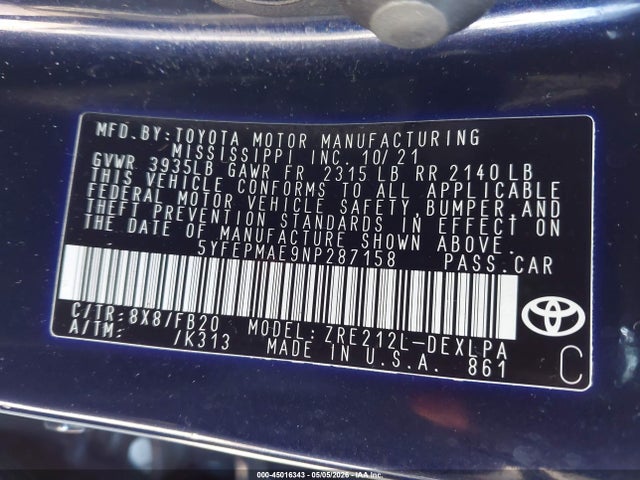 5YFEPMAE9NP287158 Toyota COROLLA LE