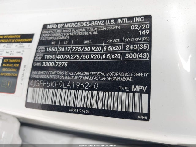 2020 Mercedes-benz Gls 450 4matic მანქანა იყიდება აუქციონზე, vin: 4JGFF5KE9LA196240, აუქციონის ნომერი: 45016349