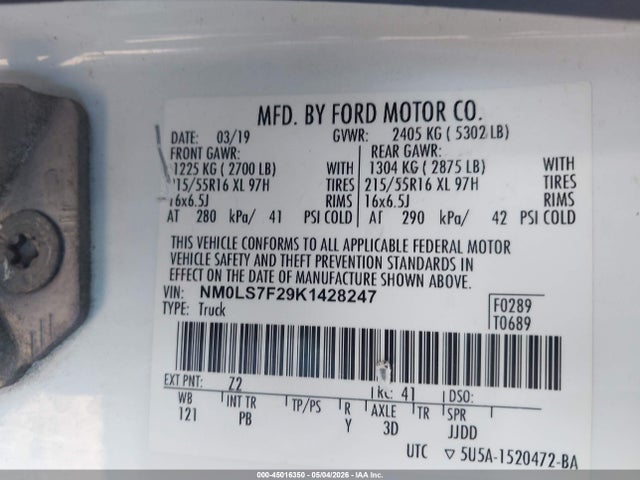 Aukcja sprzedaży 2019 Ford Transit Connect Xlt, vin: NM0LS7F29K1428247, numer aukcji: 45016350