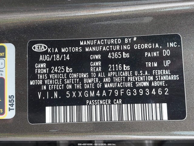 Aukcja sprzedaży 2015 Kia Optima Lx, vin: 5XXGM4A79FG393462, numer aukcji: 45016358