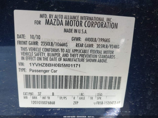 Aukcja sprzedaży 2011 Mazda Mazda6 I Sport, vin: 1YVHZ8BH0B5M01171, numer aukcji: 45016365