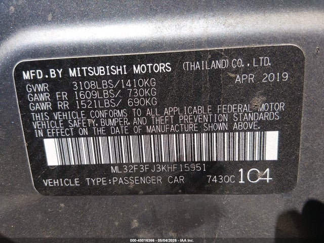 Aukcja sprzedaży 2019 Mitsubishi Mirage G4 Es, vin: ML32F3FJ3KHF15951, numer aukcji: 45016366