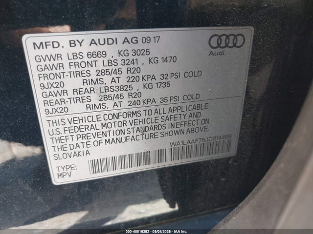 Продажа на аукционе авто 2018 Audi Q7 3.0t Premium, vin: WA1LAAF75JD014498, номер лота: 45016382