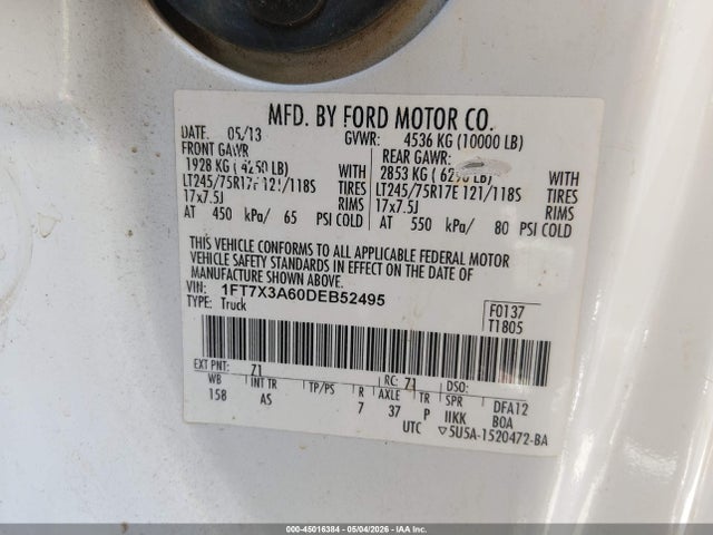 45016384 :رقم المزاد ، 1FT7X3A60DEB52495 vin ، 2013 Ford F-350 Xl مزاد بيع