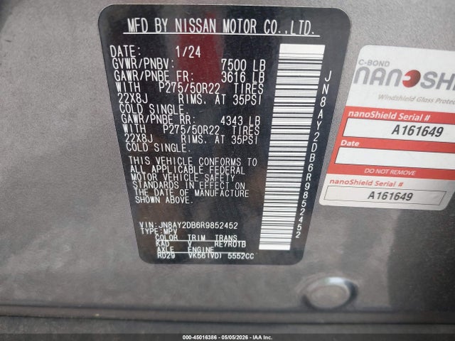 2024 Nissan Armada Platinum 4wd მანქანა იყიდება აუქციონზე, vin: JN8AY2DB6R9852452, აუქციონის ნომერი: 45016386