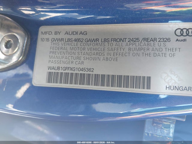45016388 :رقم المزاد ، WAUB1GFFXG1045362 vin ، 2016 Audi S3 2.0t Premium Plus مزاد بيع
