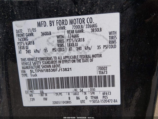 2006 Lincoln Mark Lt მანქანა იყიდება აუქციონზე, vin: 5LTPW18536FJ13821, აუქციონის ნომერი: 45016389