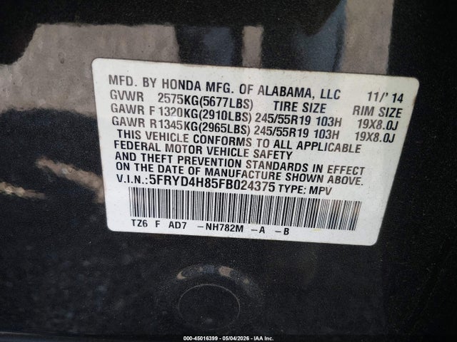 Aukcja sprzedaży 2015 Acura Mdx Advance Pkg W/entertainment Pkg, vin: 5FRYD4H85FB024375, numer aukcji: 45016399