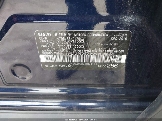 45016408 :رقم المزاد ، JA4AD2A35HZ024163 vin ، 2017 Mitsubishi Outlander Es مزاد بيع