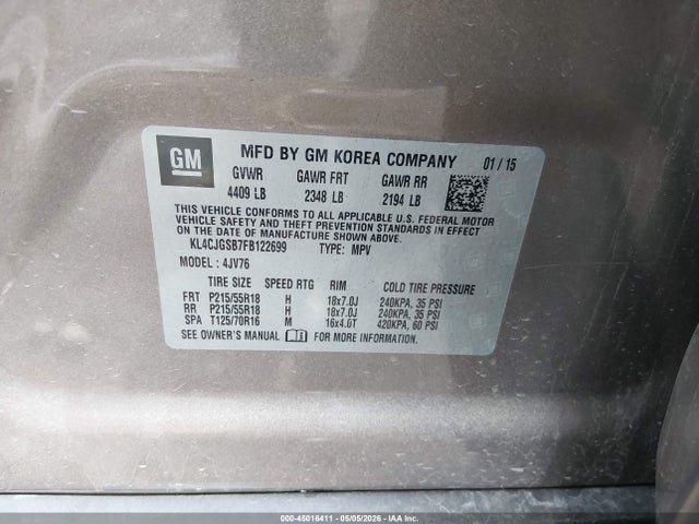 Aukcja sprzedaży 2015 Buick Encore Leather, vin: KL4CJGSB7FB122699, numer aukcji: 45016411