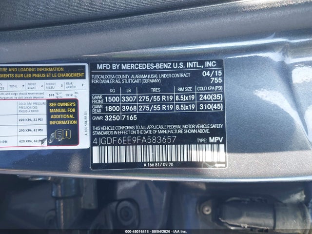 Aukcja sprzedaży 2015 Mercedes-benz Gl 450 4matic, vin: 4JGDF6EE9FA583657, numer aukcji: 45016418