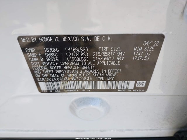 3CZRU6H30NM770839 Honda Hr-v Awd Lx
