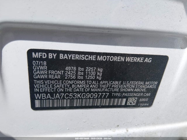 45016449 :رقم المزاد ، WBAJA7C53KG909777 vin ، 2019 Bmw 530i Xdrive مزاد بيع