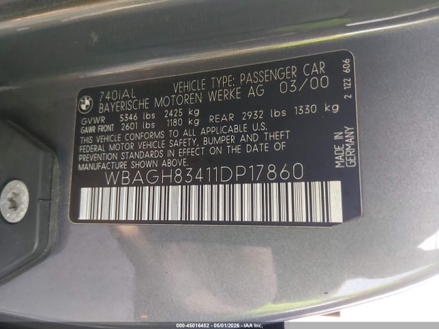 Продаж на аукціоні авто 2001 Bmw 740il, vin: WBAGH83411DP17860, номер лоту: 45016452
