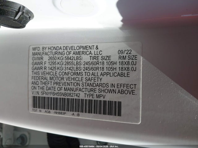 Aukcja sprzedaży 2022 Honda Pilot Awd Ex-l, vin: 5FNYF6H55NB082742, numer aukcji: 45016464