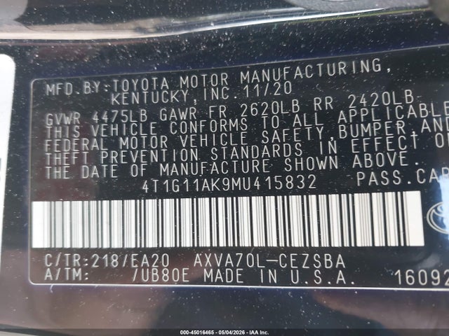 2021 Toyota Camry Se მანქანა იყიდება აუქციონზე, vin: 4T1G11AK9MU415832, აუქციონის ნომერი: 45016465