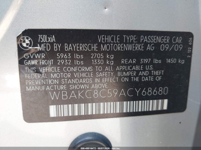 2010 Bmw 750li Xdrive მანქანა იყიდება აუქციონზე, vin: WBAKC8C59ACY68680, აუქციონის ნომერი: 45016472