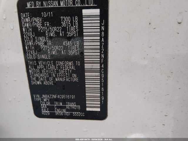 2012 Infiniti Qx56 მანქანა იყიდება აუქციონზე, vin: JN8AZ2NF4C9516191, აუქციონის ნომერი: 45016479
